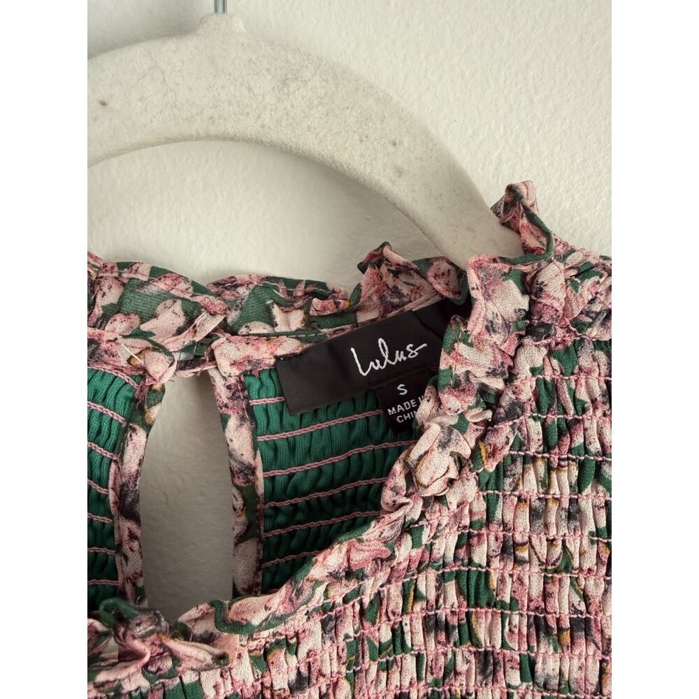 Lulus Floral Forever Green Pink Smocked Skater Mini Dress Coquette Cottage Fairy - Picture 9 of 11